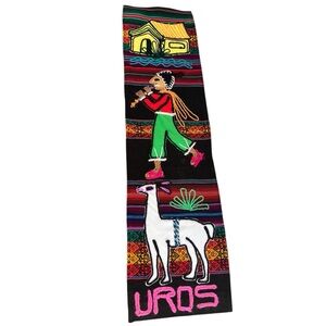 Vintage Peruvian Uros Hand Embroidered Textile Wall Hanging Folk Art Llama 25x7"